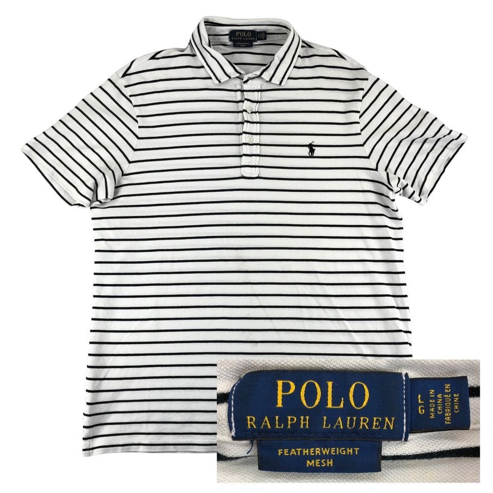 Polo Ralph Lauren‎ Featherweight Mesh Knit Polo Shirt Mens Large White Striped
